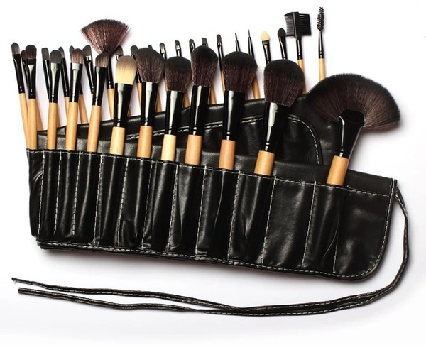 Professional 32 pcs wooden Make Up bursh set Pu leather pouch