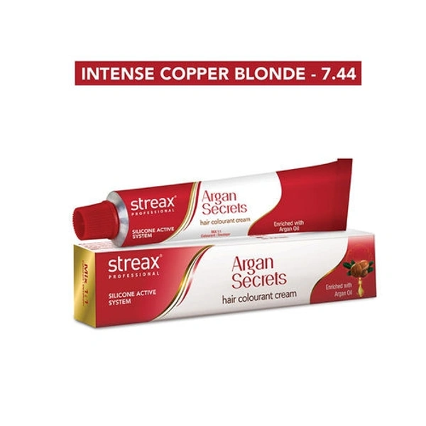 Streax Professional Argan Secrets Hair Colourant Cream - Intense Copper Blonde 7.44 (60gm)