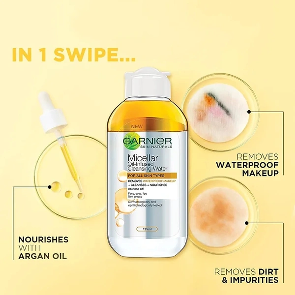 Garnier Skin Naturals, Cleansing Water for Waterproof Makeup, Nourishing Formula, Micellar Oil-Infused Cleansing Water, 125ml