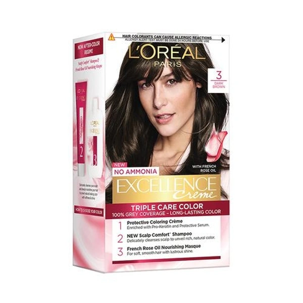 Loreal Paris Excellence Creme Hair Colour, 25 ml + 25 g 3 Natural Darkest Brown