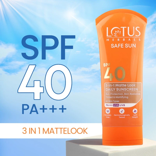 Lotus Herbals Safe Sun 3-in-1 Matte Look Tinted Sunscreen SPF 40 PA+++, Non-Greasy, Mattifying, Instant BB Glow, 100g
