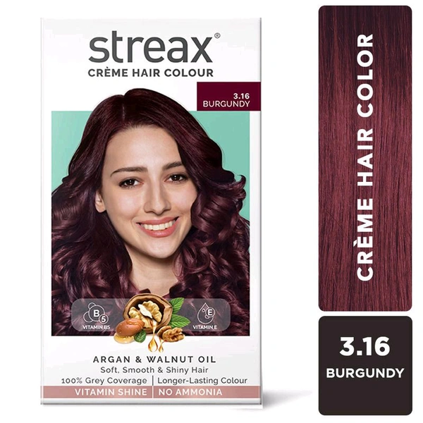 Streax Cream Hair Colour for Women & Men Burgundy 3;16 50ml 