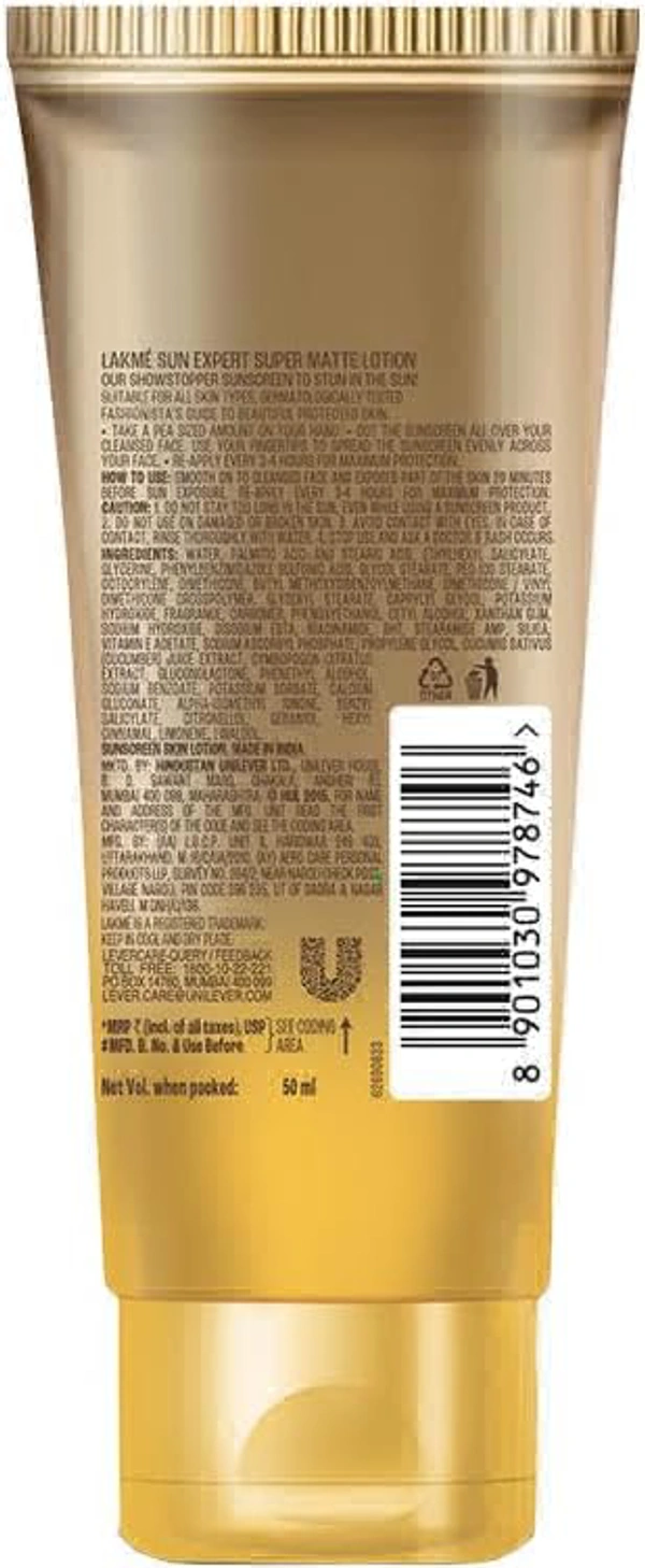 Lakme Sunscreen 25  Lakme Sun Expert, SPF 24 PA++ Ultra Matte Sunscreen, 50ml,