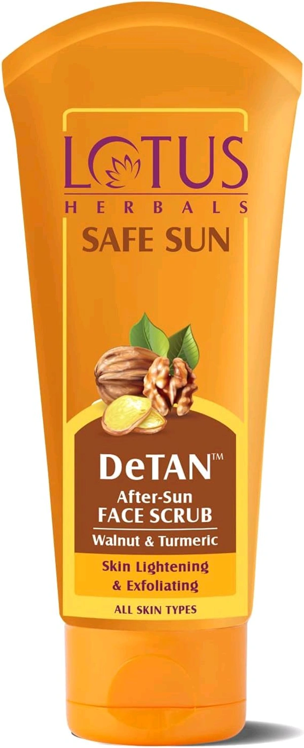Lotus De Tan Scrub  Lotus Herbals Safe Sun DeTAN After-Sun Face Scrub, Walnut & Turmeric,