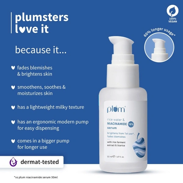 Plum 10% Niacinamide Brightening Face Serum With Rice Water For Oily To Dry Skin (50ml)