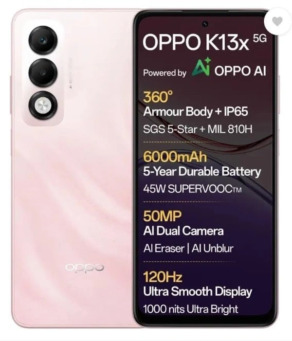 OPPO K13x 5G 6000mAh and 45W SUPERVOOC Charger & AI (pink, 128 GB) ( 4GB RAM) - pink, 4GB-256GB