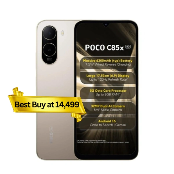 POCO C85X 5G Smartphone, Sunset Gold, 4GB RAM, 128GB Storage - Sunset Gold, 4GB-128GB