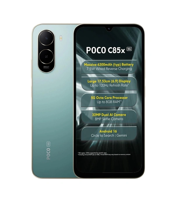 POCO C85X 5G Smartphone, Emerald Green, 4GB RAM, 64GB Storage