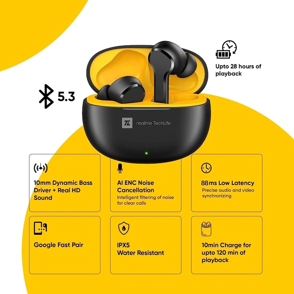 realme Techlife Buds T100 with up to 28 Hours Playback & AI ENC for Calls Bluetooth Headset  - Black