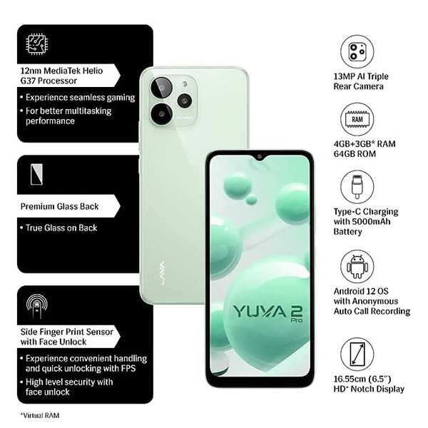 LAVA YUVA 2 PRO (Glass Green, 64 GB)  (4 GB RAM) - Green, 4GB-64GB
