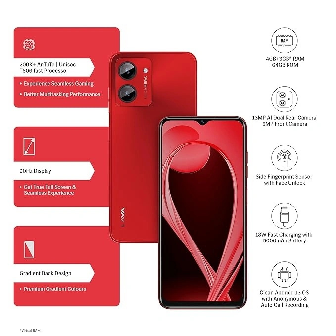 Lava O1 (Red, 4GB RAM, 64GB Storage)