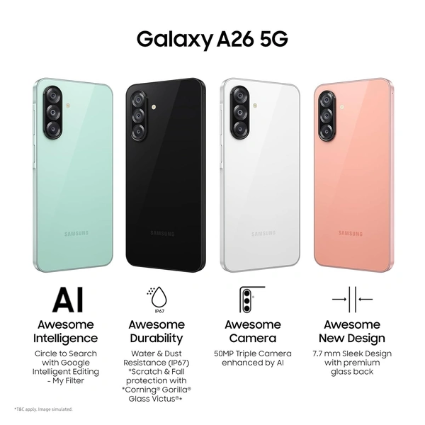 Samsung Galaxy A26 5G (Awesome Black, 8GB, 256GB) | Awesome Intelligence: Circle to Search, Intelligent Editing | Awesome 50MP Triple Camera | IP67 - Black, 8GB-256GB