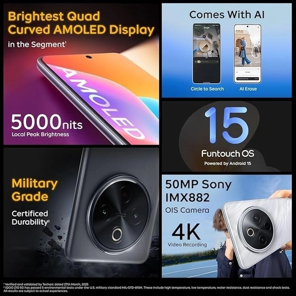 iQOO Z10 5G (Glacier Silver, 8GB RAM, 128GB Storage) | India's Biggest Ever 7300 mAh Battery | Snapdragon 7s Gen 3 Processor | Brightest Quad Curved AMOLED Display in The Segment - Glacier Silver, 8GB-128GB