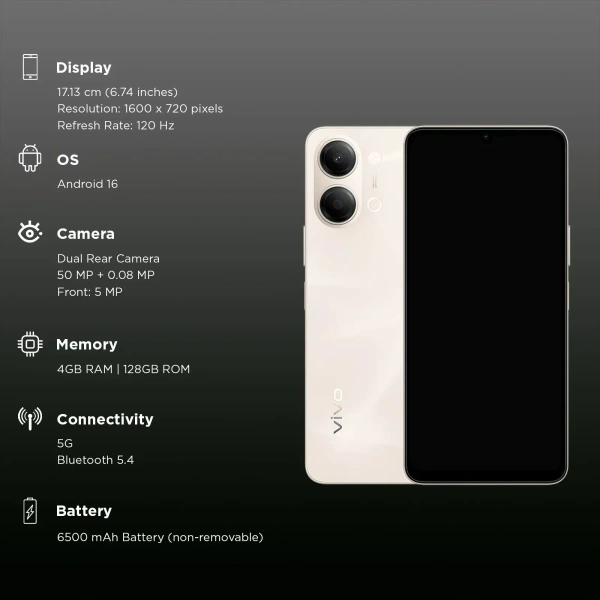 vivo Y21 5G (6GB RAM, 128GB, Champagne Gold) - White, 6GB-128GB