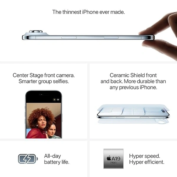 iPhone Air 256 GB: Thinnest iPhone Ever, 16.63 cm (6.5″) Display with Promotion up to 120Hz, Powerful A19 Pro Chip, Center Stage Front Camera, All-Day Battery Life; white - White, 256GB