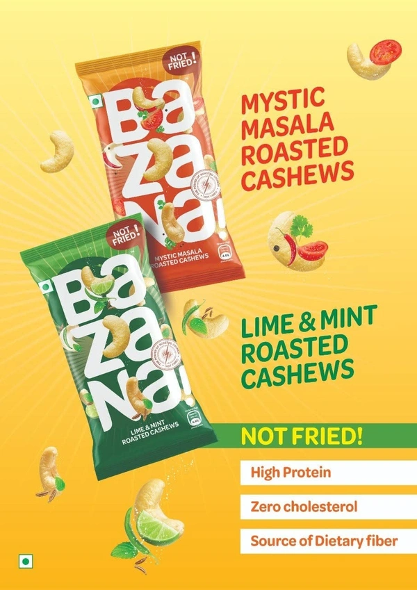 Bazana Roasted Cashews - 12 x Lime & 12 x Mint and Mystic Masala Combo Pack - A Fusion of Flavors to Savor! -