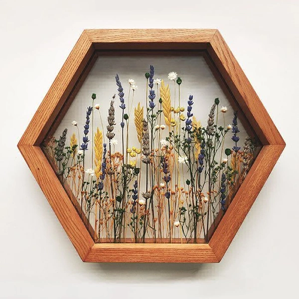 Hexagon Teak Wod Floating / Varamala Wooden Frame - 12" x 12"