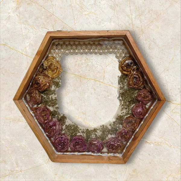 Hexagon Teak Wod Floating / Varamala Wooden Frame - 8" x 8"