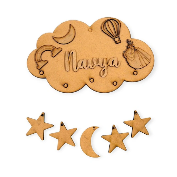 Princess Cloud Name Board with Hanging Moon Star For Girl