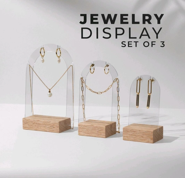 3 Pack Acrylic Jewelry Display With Pinewood Base - Black acrylic
