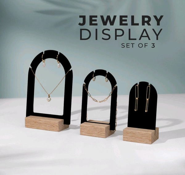 3 Pack Acrylic Jewelry Display With Pinewood Base - Transparent acrylic