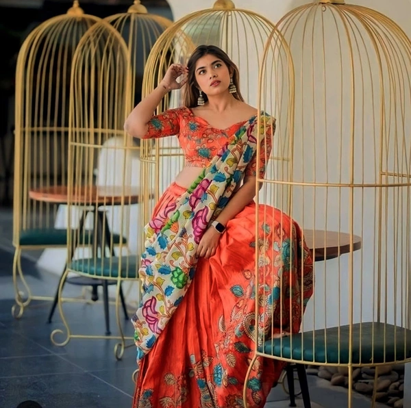 Kalamkari Lehenga Choli - Orange, XL UP TO XXL