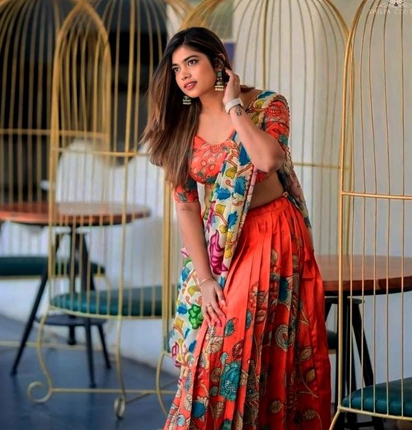 Kalamkari Lehenga Choli - Orange, XL UP TO XXL