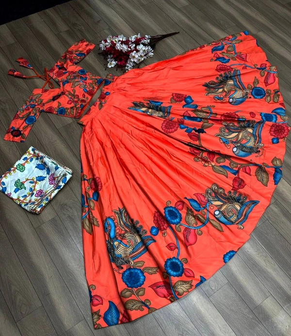 Kalamkari Lehenga Choli - Orange, XL UP TO XXL