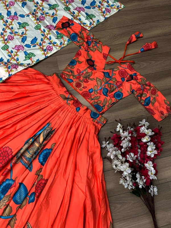Kalamkari Lehenga Choli - Orange, XL UP TO XXL