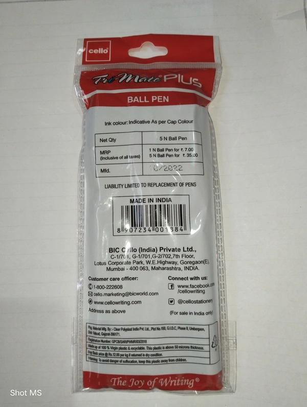 Cello Tri-mate Plus Ball Pen - 5 Piece - Black