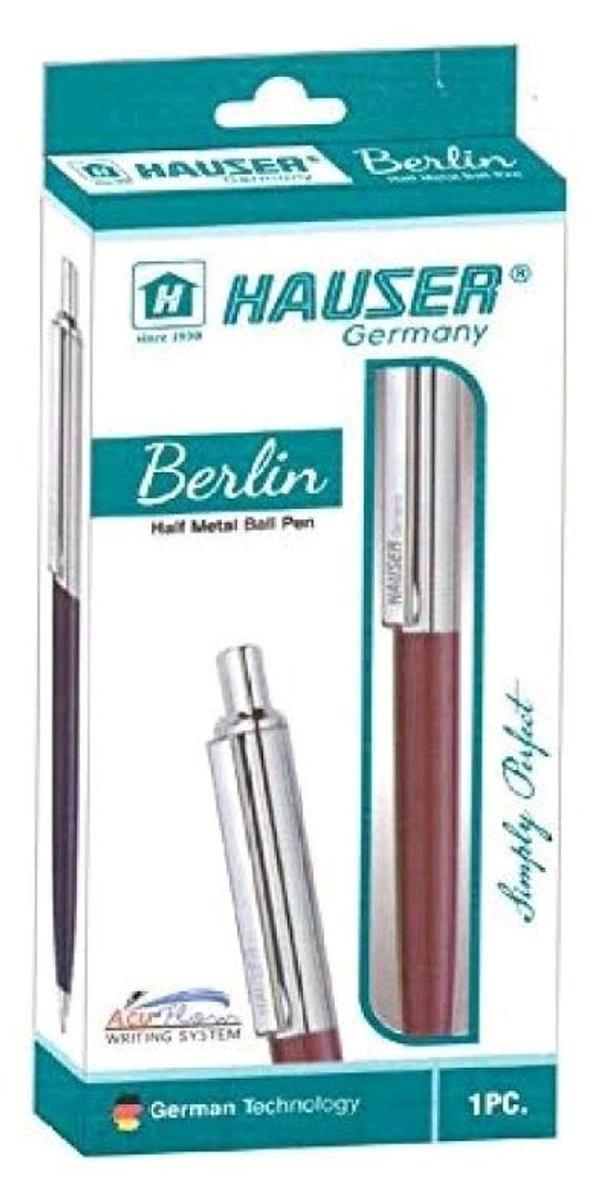 Hauser Berlin Half Metal Ball Pen Box Pack | Retractable Mechanism With Smudge Free Writing | Attractive Designer Pen | Smooth, Sturdy, Refillable Pen | Ideal For Gifting | Blue Ink - Blue