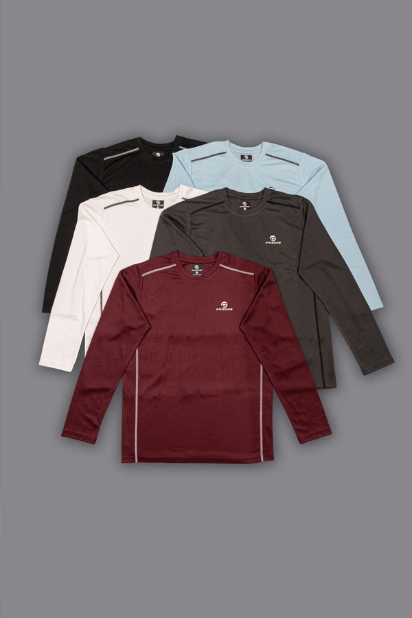 Drizone-Pack of 20 Pcs-@170/Pc- Round neck Full Sleeve Designer T-Shirt With Flat Seamer Stiching - White, Dark Grey, Wine, Black, Sky, M,L,XL,XXL