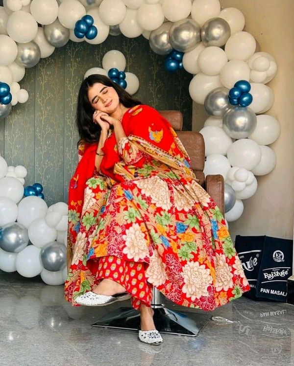 Red Floral Designer Kurti - M (38), Red