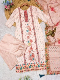 Elegant Satin Outfit with Silk Pant & Embroidered Dupatta – Multiprint & Stonework Design - M (38)