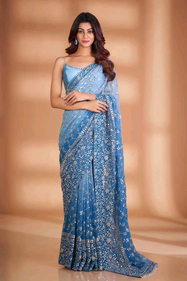 Elegant Heavy Fox Georgette Embroidered Partywear Saree