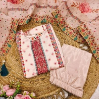 Elegant Satin Outfit with Silk Pant & Embroidered Dupatta – Multiprint & Stonework Design - L (40)