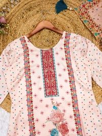 Elegant Satin Outfit with Silk Pant & Embroidered Dupatta – Multiprint & Stonework Design - L (40)