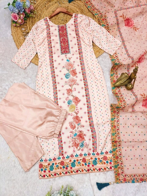 Elegant Satin Outfit with Silk Pant & Embroidered Dupatta – Multiprint & Stonework Design - XL (42)