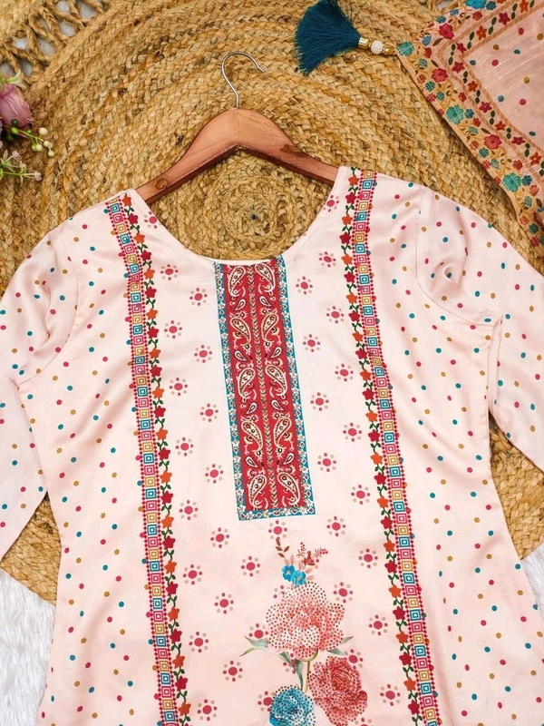 Elegant Satin Outfit with Silk Pant & Embroidered Dupatta – Multiprint & Stonework Design - XL (42)