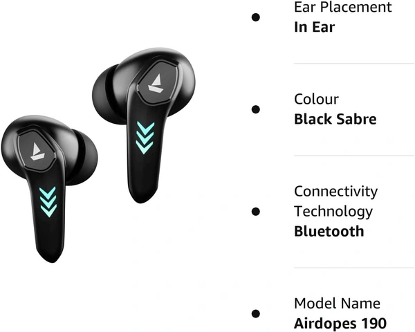 boAt Airdopes 190 True Wireless in Ear Earbuds with Beast Mode(50ms) for Gaming, 40H Playtime, Breathing LEDs, Signature Sound, Quad Mics Enx Tech, ASAP Charge & BT v5.3 - Black