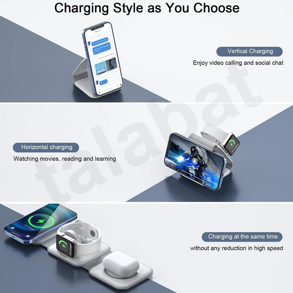 New Wireless Charger 3 In 1,Talabat Magnetic Travel Wireless Charging Station Multiple Devices,Compatible For I-Phone 14/13/12/Pro/Max,Iwatch,Airpods 3/2/Pro,White - White