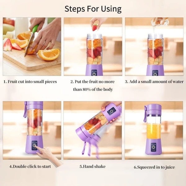 Juicer 6 Blades Rechargeable Portable Electric USB Juicer Bottle Blender for Making Juice, Travel Juicer for Fruits and Vegetables, Fruit Juice Maker Machine (Multicolor) (Small) - Pink