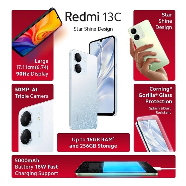 Redmi 13C 5G MediaTek Dimensity 6100+ 5G 90Hz Display  - 256 GB, Starfrost White