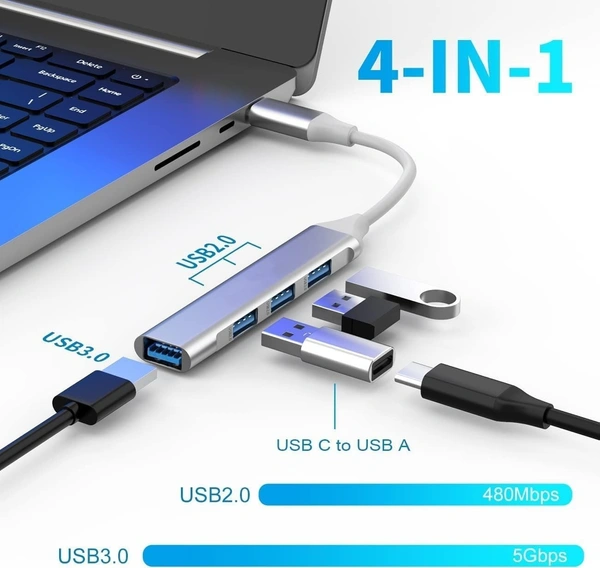 4-Port USB 3.0 Hub for PC – High-Speed Aluminum USB Hub Compatible with PC, MacBook, Mac Pro, Mac Mini, iMac ( Pack Of 2 ) - Gray, TYPE - C TO USB