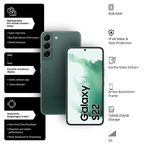 Samsung Galaxy S22 5G Renewed 3 Month Seller Warranty - 256 GB, Spring Green