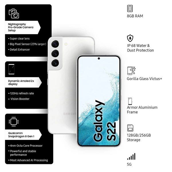 Samsung Galaxy S22 5G Renewed 3 Month Seller Warranty - 256 GB, White