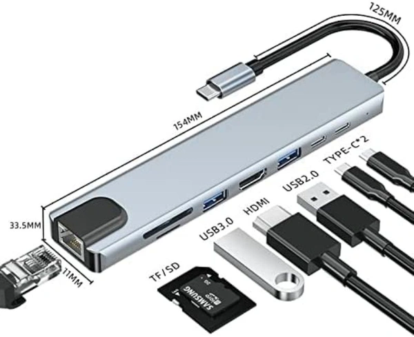 8 in 1 USB Hub - USB C 3.1 to HDTV 4K LAN Ethernet USB3.0 USB 2.0 TF SD Card Slot Reader Type C Charge Hub for MacBook/Samsung/Dell/USB C Devices