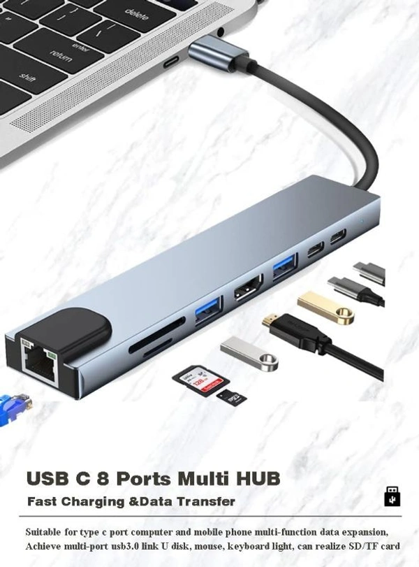 8 in 1 USB Hub - USB C 3.1 to HDTV 4K LAN Ethernet USB3.0 USB 2.0 TF SD Card Slot Reader Type C Charge Hub for MacBook/Samsung/Dell/USB C Devices