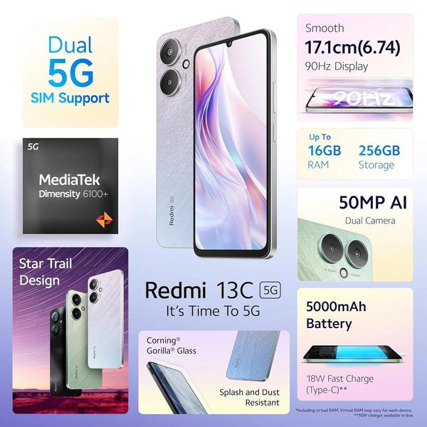  Redmi 13C 5G MediaTek Dimensity 6100+ 5G 90Hz Display Renewed  - 256 GB, Startrail Silver