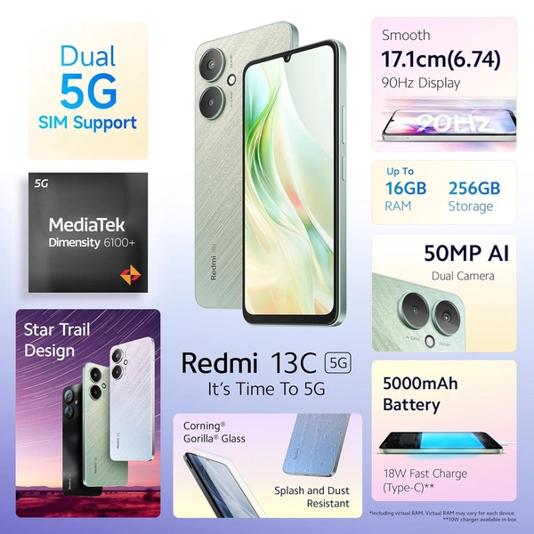  Redmi 13C 5G MediaTek Dimensity 6100+ 5G 90Hz Display Renewed  - 256 GB, Startrail Green